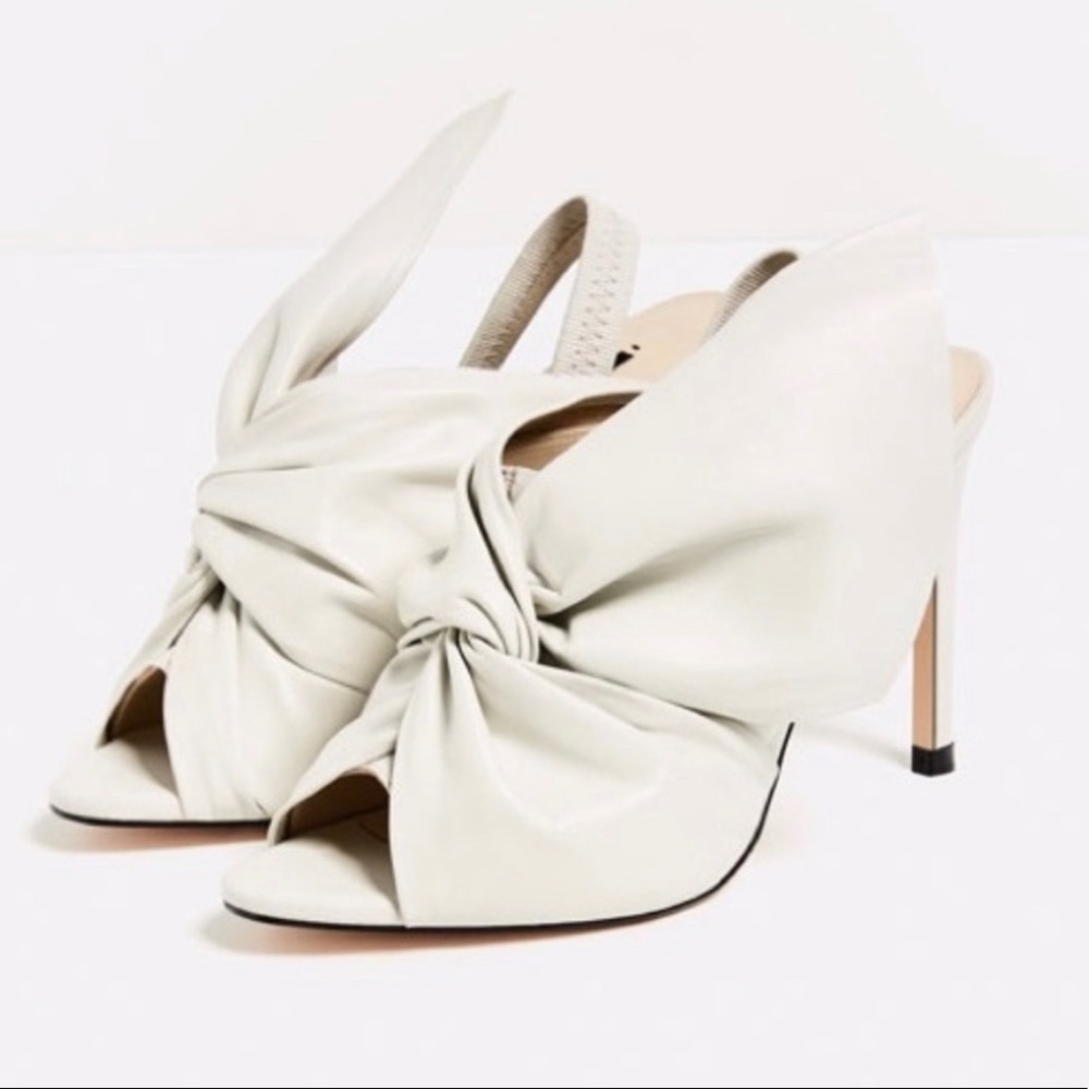 Zara white leather bow sling back heels 7.5